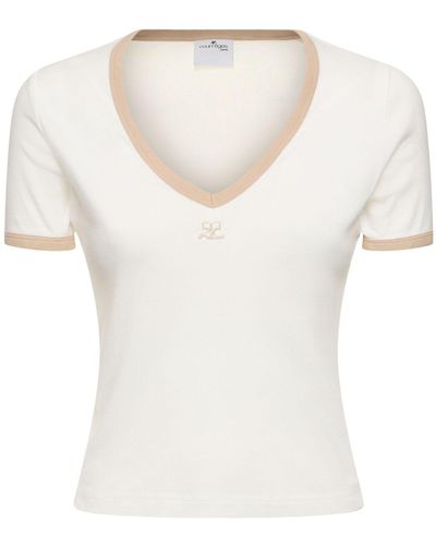 Courreges Contrast V-neck Cotton T-shirt - White