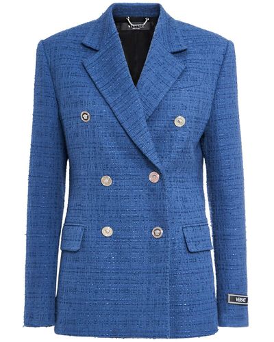 Versace Chaqueta cruzada de tweed de algodón - Azul
