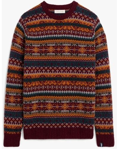 Mackintosh Impulse Bordeaux Mix Wool Fair Isle Crewneck Sweater - Red