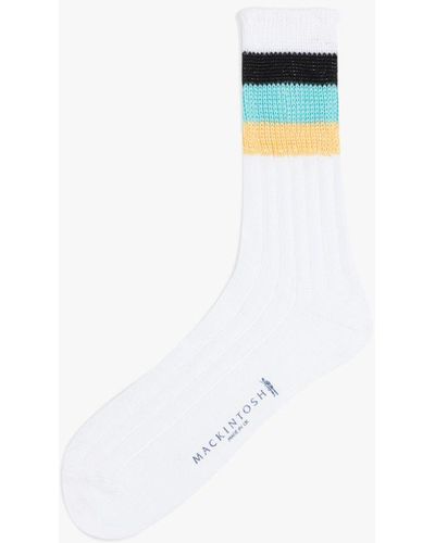 Mackintosh Blue & Yellow Striped Cotton Socks - White