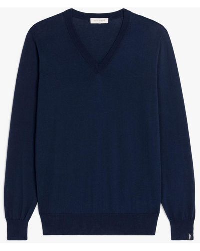 Mackintosh Deep V Neck Navy Cotton Sweater - Blue