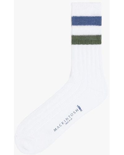 Mackintosh Navy & Four Leaf Clover Striped Cotton Socks - White