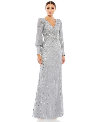 Mac Duggal Sequined Wrap Over Bishop Sleeve Gown - Gray