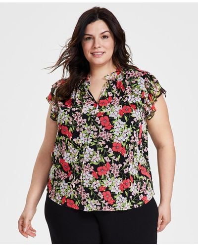 Anne Klein Plus Size Printed Ruffle-sleeve Tie-neck Blouse - Multicolor
