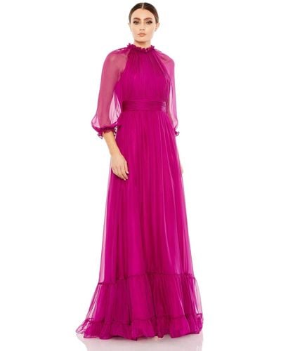 Mac Duggal Chiffon Ruched Illusion Raglan Sleeve Ruffled Gown - Pink
