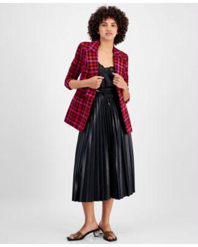 Avec Les Filles Houndstooth Tweed Blazer Faux Leather Pleated Midi Skirt - Red