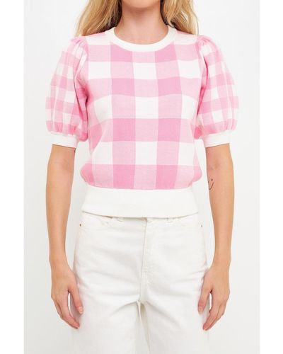 English Factory Gingham Puff Sleeve Knit Top - Pink