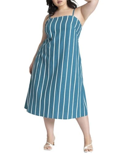 Eloquii Plus Size Stripe Linen Midi Dress - Blue