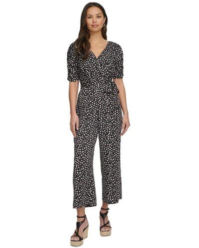 DKNY Printed Ruched-sleeve Cropped Jumpsuit - Black