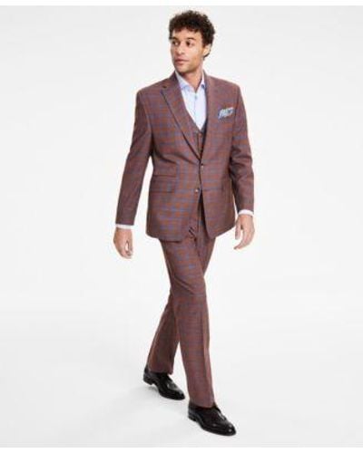 Tayion Collection Classic Fit Plaid Vested Suit Separates - Blue