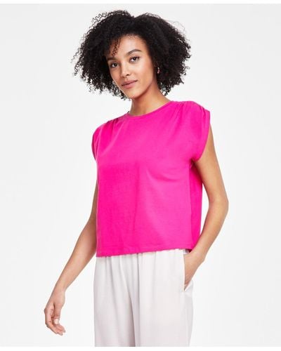 BarIII Petite Ruched-shoulder Cap-sleeve Knit Top - Pink