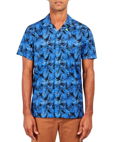 Society of Threads Slim Fit Non-iron Tropical Print Performance Stretch Camp Shirt - Blue