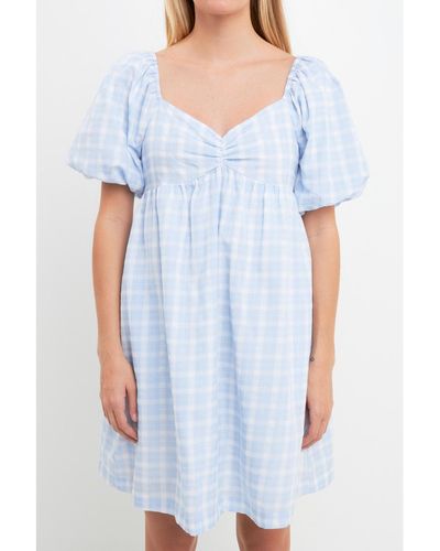 English Factory Gingham Linen Sweetheart Baby Doll Dress - Blue