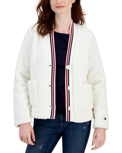 Tommy Hilfiger Fuzzy V neck Cardigan Sweater in Red Lyst