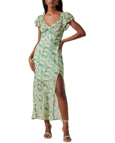 Astr Maisy Floral Print Flutter Sleeve Midi Dress - Green