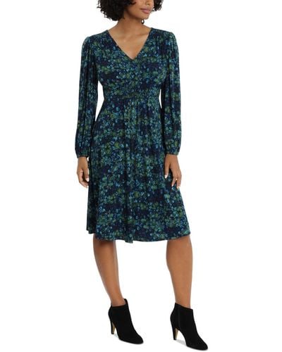 London Times Smocked Fit & Flare Dress - Blue