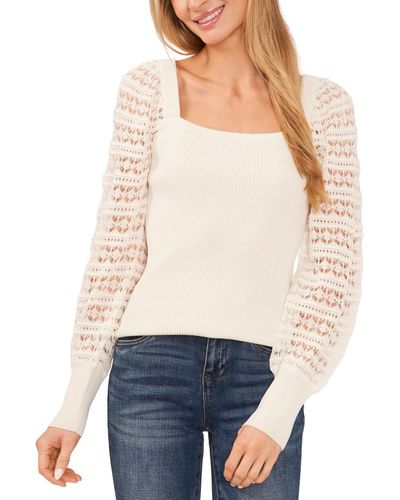Cece Square Neck Sheer Crochet Sleeve Sweater - White