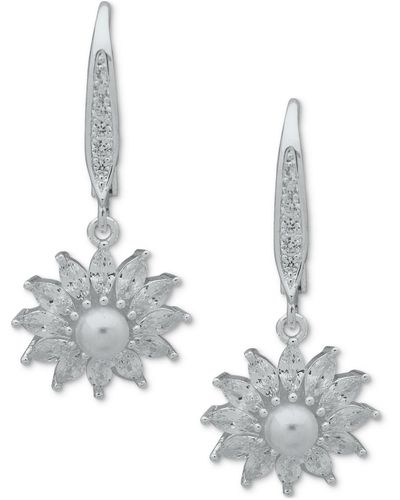 Anne Klein Silver-tone Imitation Pearl & Flower Leverback Drop Earrings - Metallic
