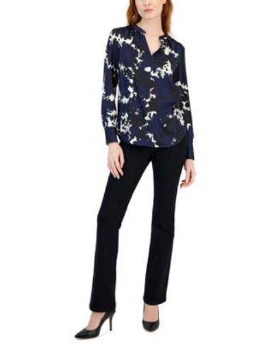 Anne Klein Printed Pleated Slit Neck Blouse High Rise Front Fly Bootcut Jeans - Blue