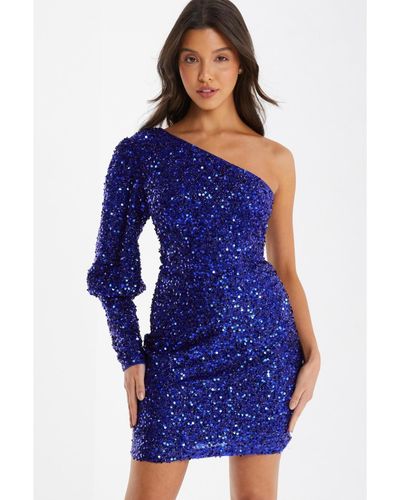 Quiz One-shoulder Sequin Bodycon Dress - Blue