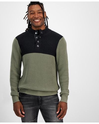 INC International Concepts Regular-fit Colorblocked Textured 1/4-snap Mock-neck Sweater - Green
