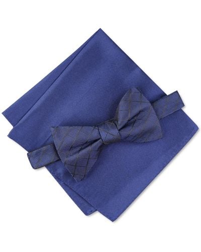 Alfani Grid Pre-tied Bow Tie & Solid Pocket Square Set - Blue