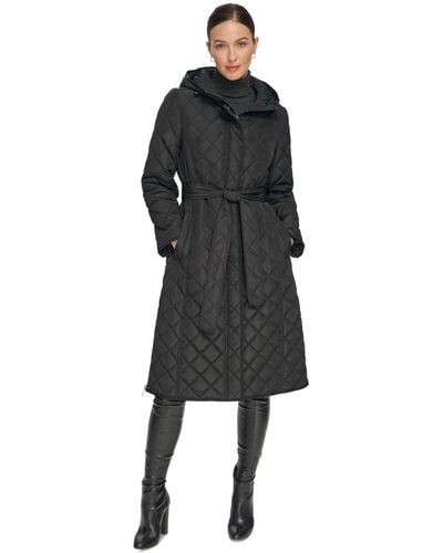DKNY Petite Hooded Belted Quilted Coat - Black