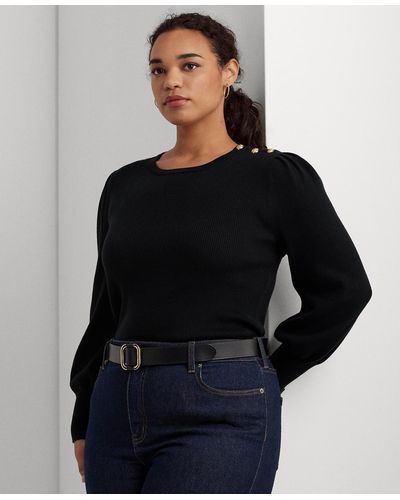 Lauren by Ralph Lauren Plus Size Crewneck Puff-sleeve Sweater - Black