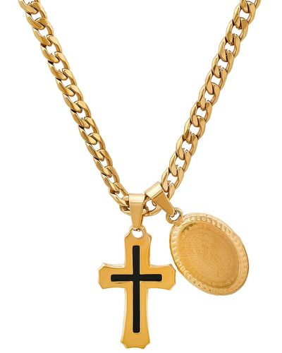 Steeltime Cross & Guadalupe Oval Pendant Necklace - Metallic