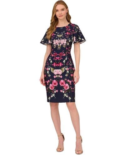 Adrianna Papell Floral-print Elbow-sleeve Crepe Dress - Blue