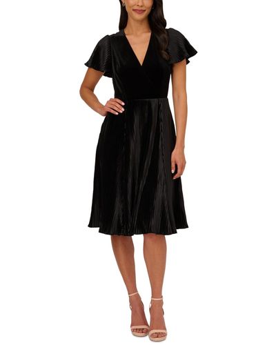Adrianna Papell Velvet Pleated Flutter-sleeve Dress - Black