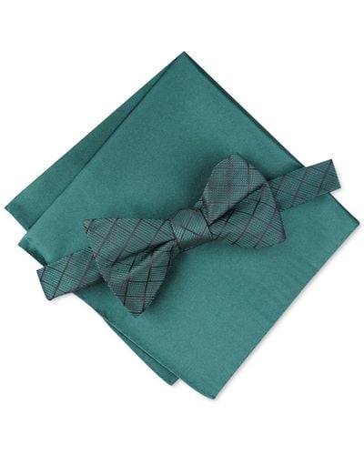 Alfani Grid Pre-tied Bow Tie & Solid Pocket Square Set - Green