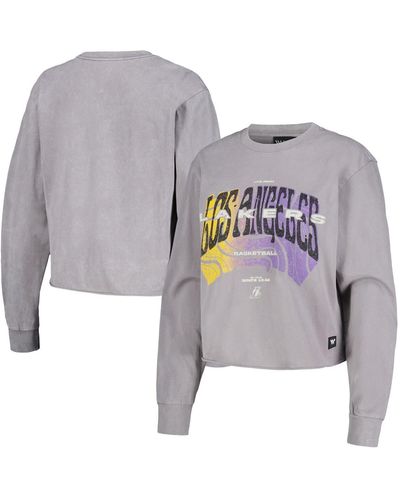 The Wild Collective Distressed Los Angeles Lakers Band Cropped Long Sleeve T-shirt - Gray