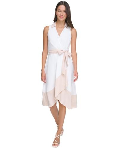 DKNY Sleeveless Collared V-neck Dress - White