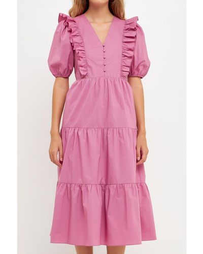 English Factory Ruffle Detail Puff Sleeve Midi Dress - Pink