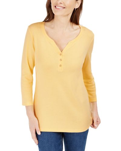 Karen Scott Petite 3/4-sleeve Henley Shirt - Yellow