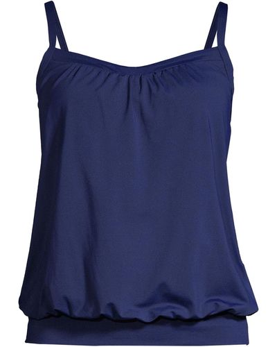Lands' End Plus Size Blouson Tummy Hiding Tankini Swimsuit Top Adjustable Straps - Blue