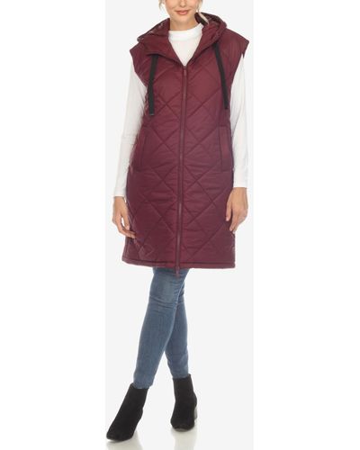 White Mark Diamond Quilted Hooded Long Puffer Vest Jacket - Red