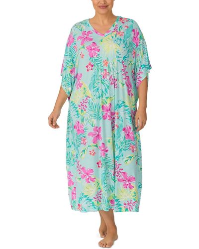 Ellen Tracy Plus Size Floral V-neck Caftan Nightgown - Blue