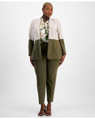 Tahari Plus Size Colorblocked Boyfriend Blazer Tie Neck Top Pants - Green