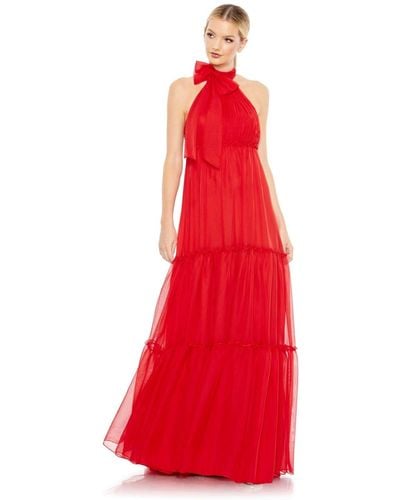 Mac Duggal Ieena Ruched Tie High Neck Bow A Line Gown - Red