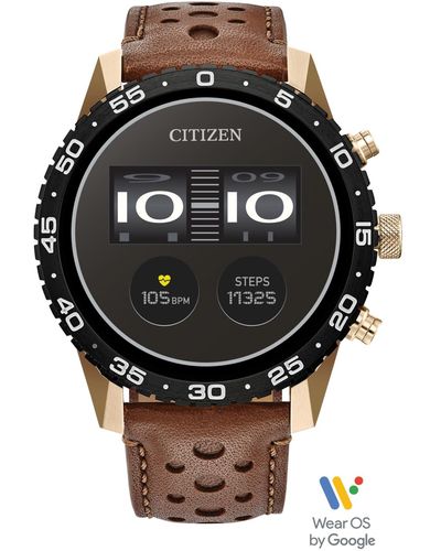 Citizen Cz Smart Wear Os Brown Perforated Leather Strap Smart Watch 45mm - Black