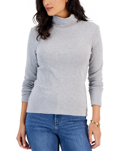 Tommy Hilfiger Long Sleeve Cotton Turtleneck Top - Gray