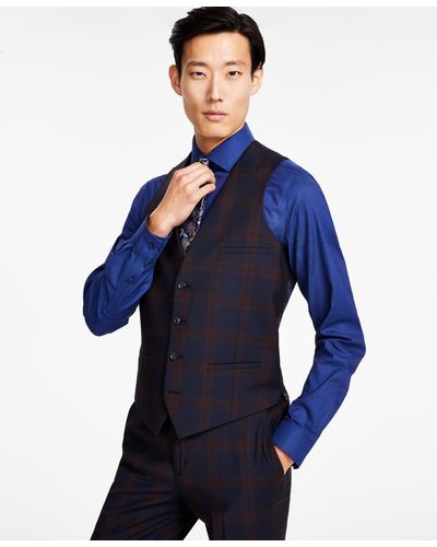 BarIII Slim-fit Plaid Suit Vest - Blue