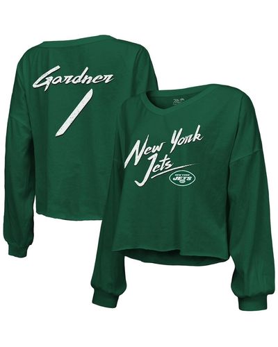 Majestic Threads Sauce Gardner New York Jets Name And Number Off-shoulder Script Cropped Long Sleeve V-neck T-shirt - Green