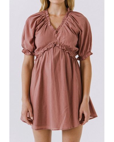 Free the Roses Ruffle V Neck Baby Doll Dress - Brown