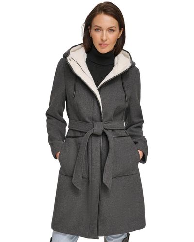 DKNY Faux-fur Hooded Wool Blend Belted Coat - Gray