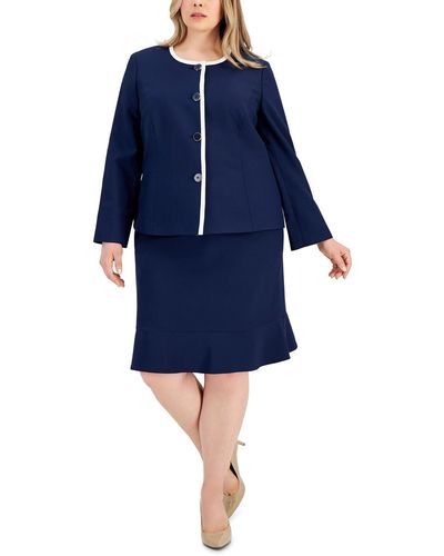 Le Suit Plus Size Framed Collarless Jacket & Flounce-hem Skirt - Blue