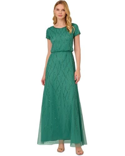 Adrianna Papell Short Sleeve Embellished Overlay Gown - Green