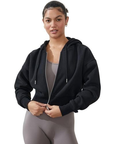 Cotton On Plush Essential Cropped Full Zip Hooded Fleece Sweatshirt - Black